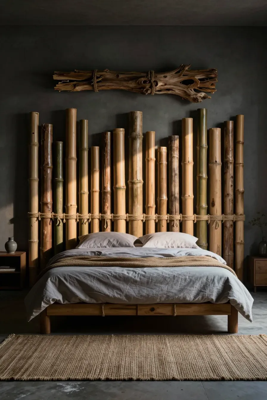A creative bedroom headboard made from vertical bamboo poles tied together with jute rope.