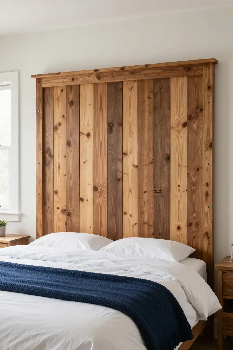 A rustic bedroom featuring a simple DIY headboard made from reclaimed vertical wood planks.