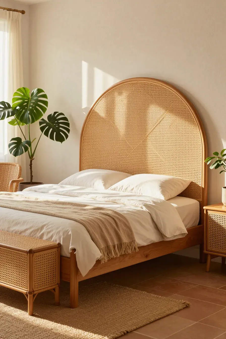 A bright bedroom with a detailed woven rattan headboard and matching natural wood furniture.