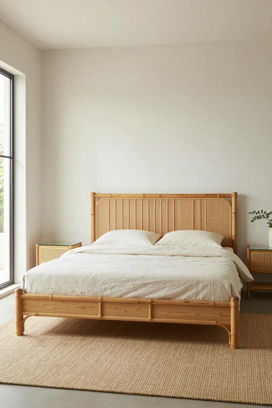 A full master bedroom featuring a king size bed with a light wood bamboo and rattan headboard.