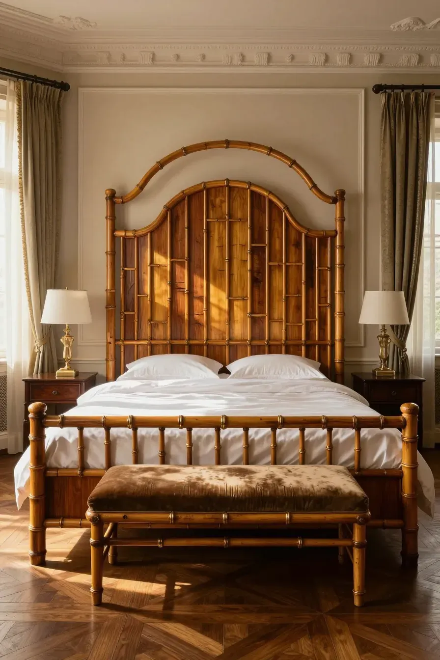 An elegant bedroom with an antique Italian bamboo bed frame featuring curved lines and brass accents.