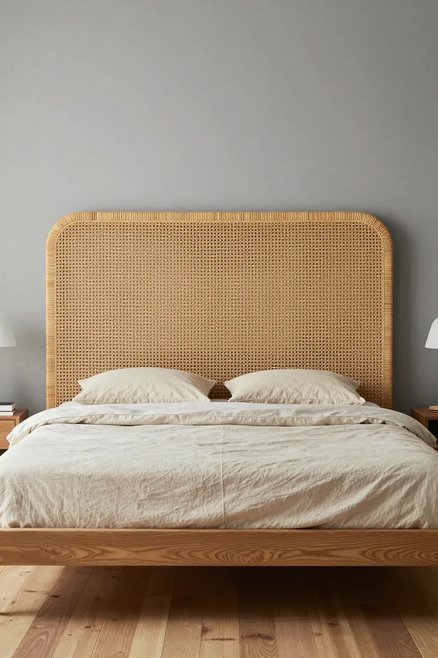 A close-up of a king bed headboard showing intricate cane webbing and modern thick woven textures.