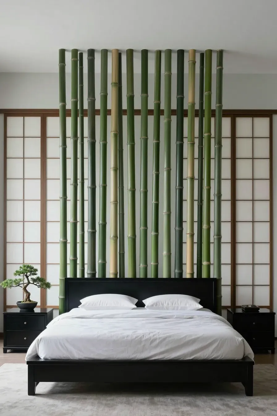 A minimalist Zen bedroom with a tall vertical bamboo headboard and symmetrical decor.