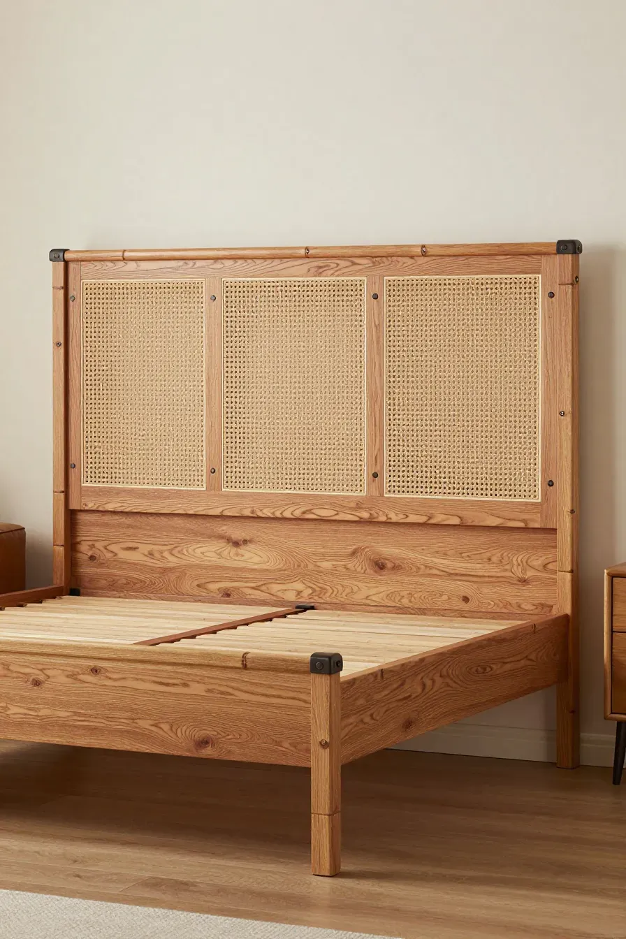 A sturdy solid wood king bed frame with decorative rattan panels in a modern bedroom.