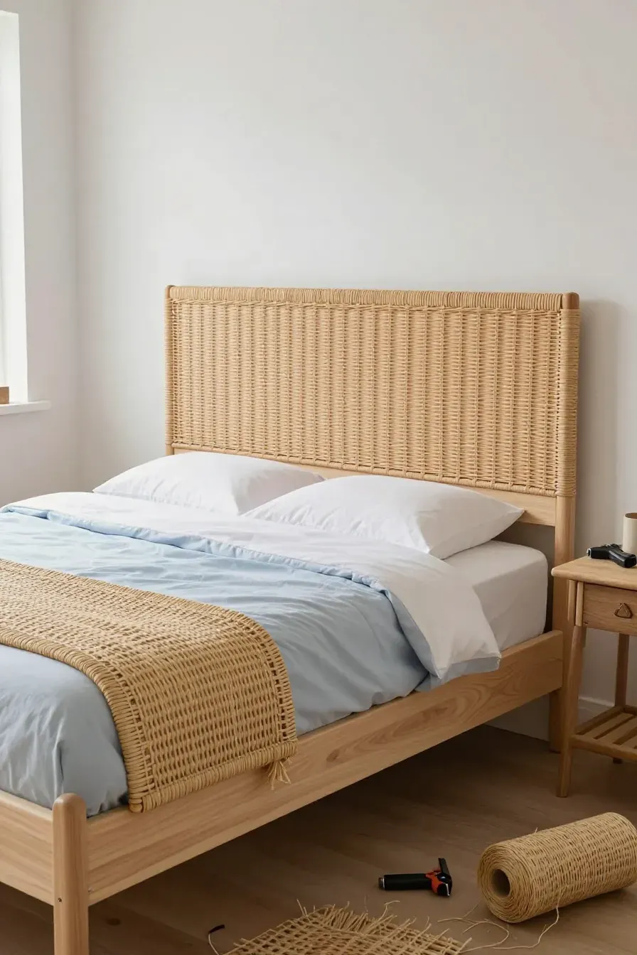 A handmade DIY headboard made of light wood and woven wicker webbing on a king bed.