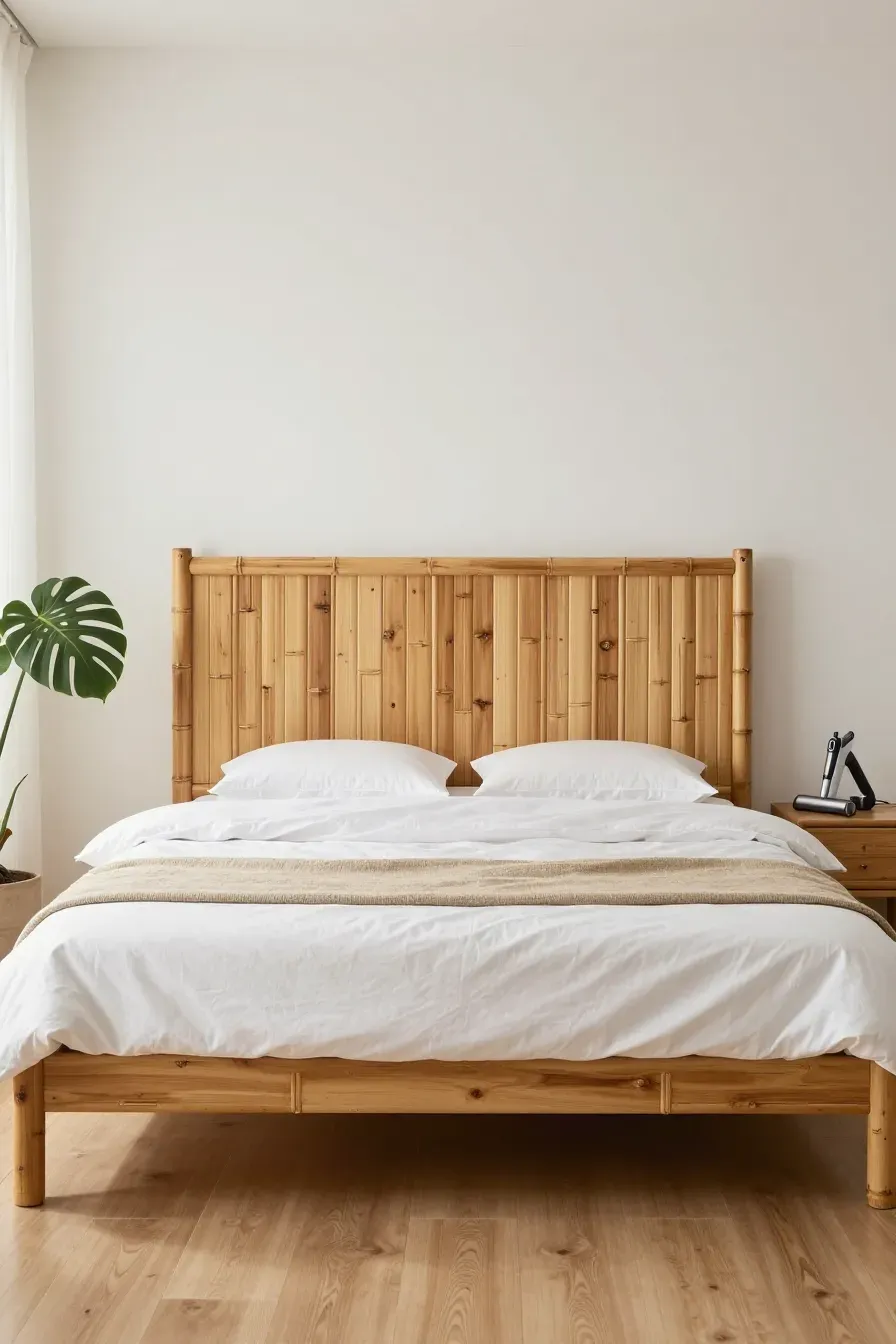 A wide-angle view of a king-size bed with a natural bamboo headboard in a bright, clean bedroom.