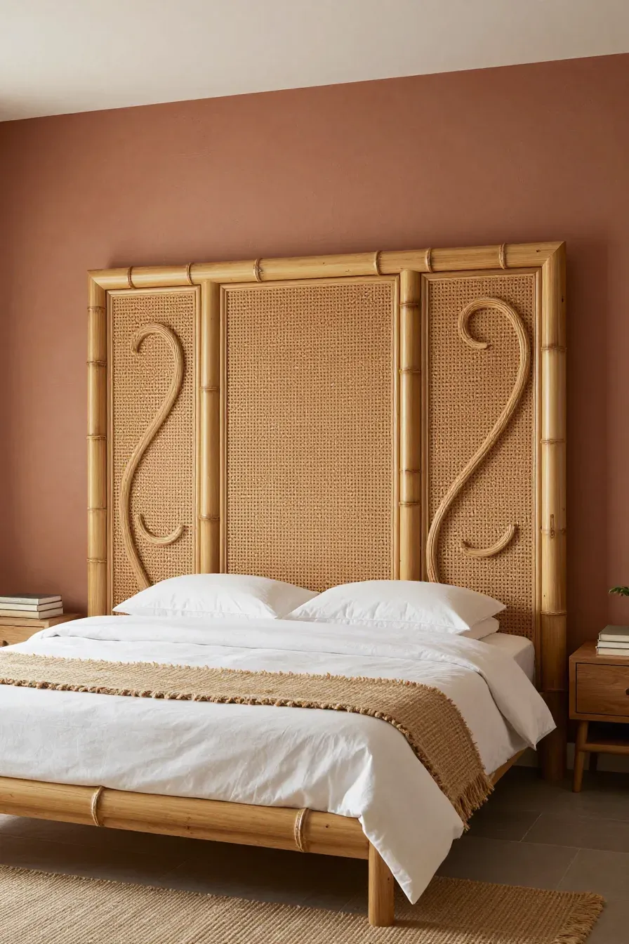 A wide bedroom shot featuring a headboard made of structural bamboo poles and woven rattan cane.