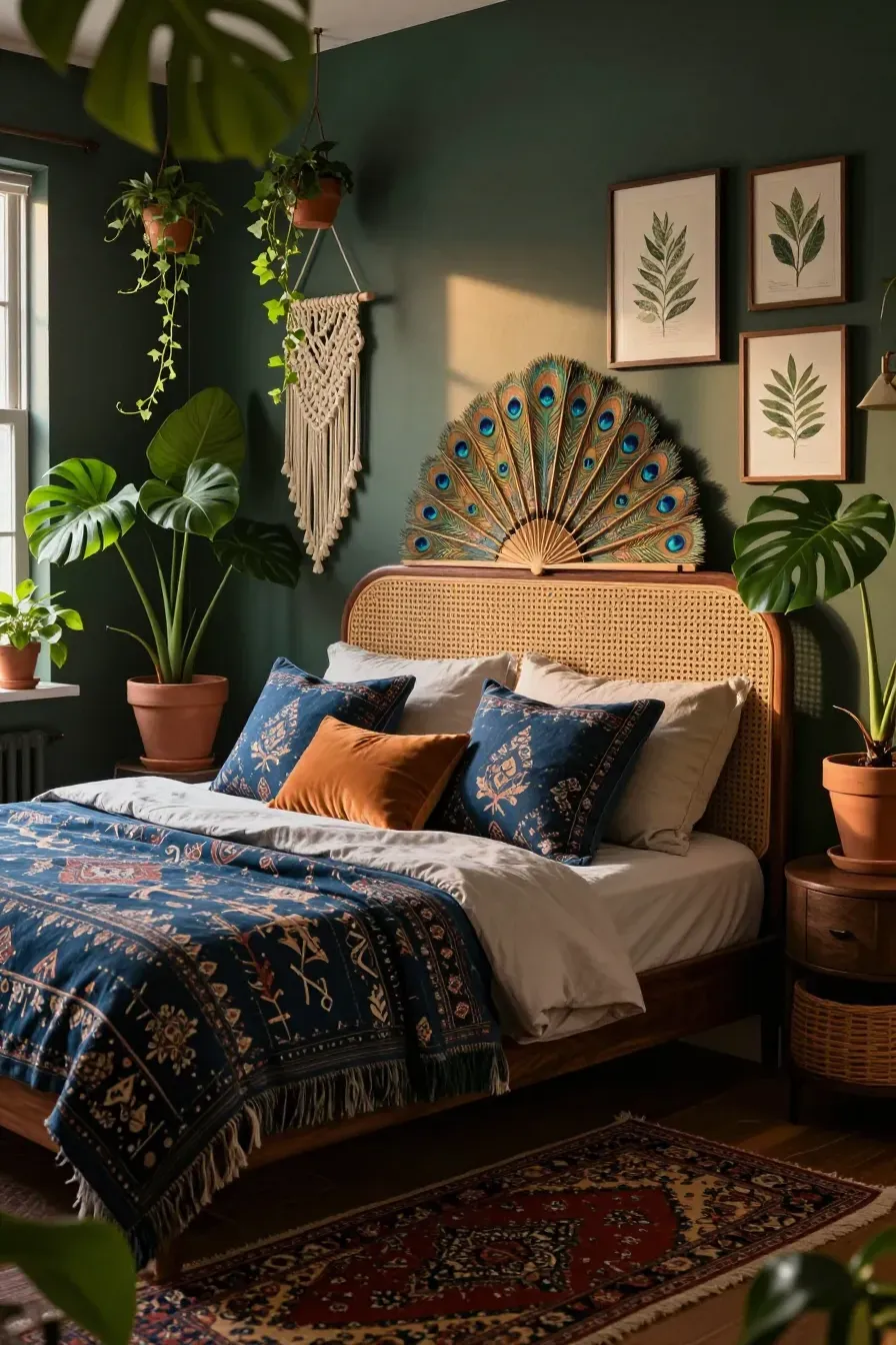 A bohemian bedroom featuring a dark rattan headboard, colorful patterned pillows, and many green plants.