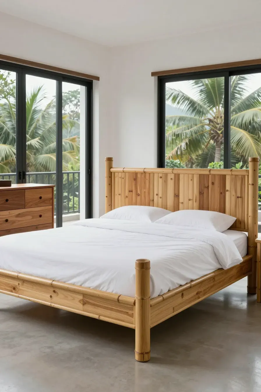 A sturdy bamboo headboard and bed frame in a modern bedroom with polished concrete floors.