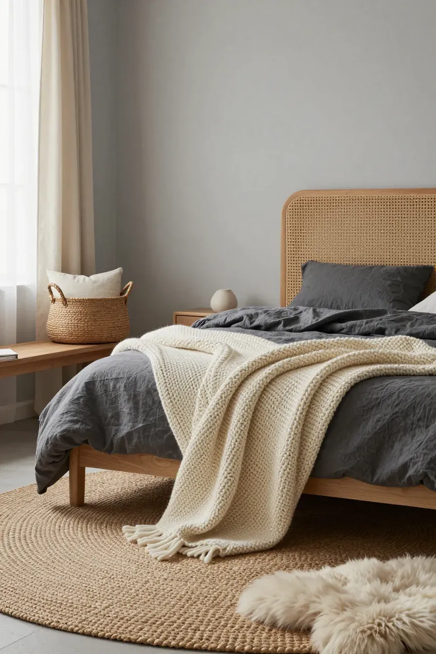 A cane headboard paired with a chunky knit blanket, linen bedding, and a jute rug in a cozy room.