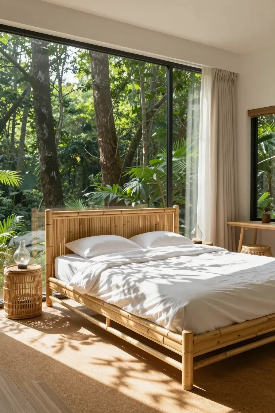 An eco-friendly bedroom with a bamboo headboard and a large window looking out at a green forest.