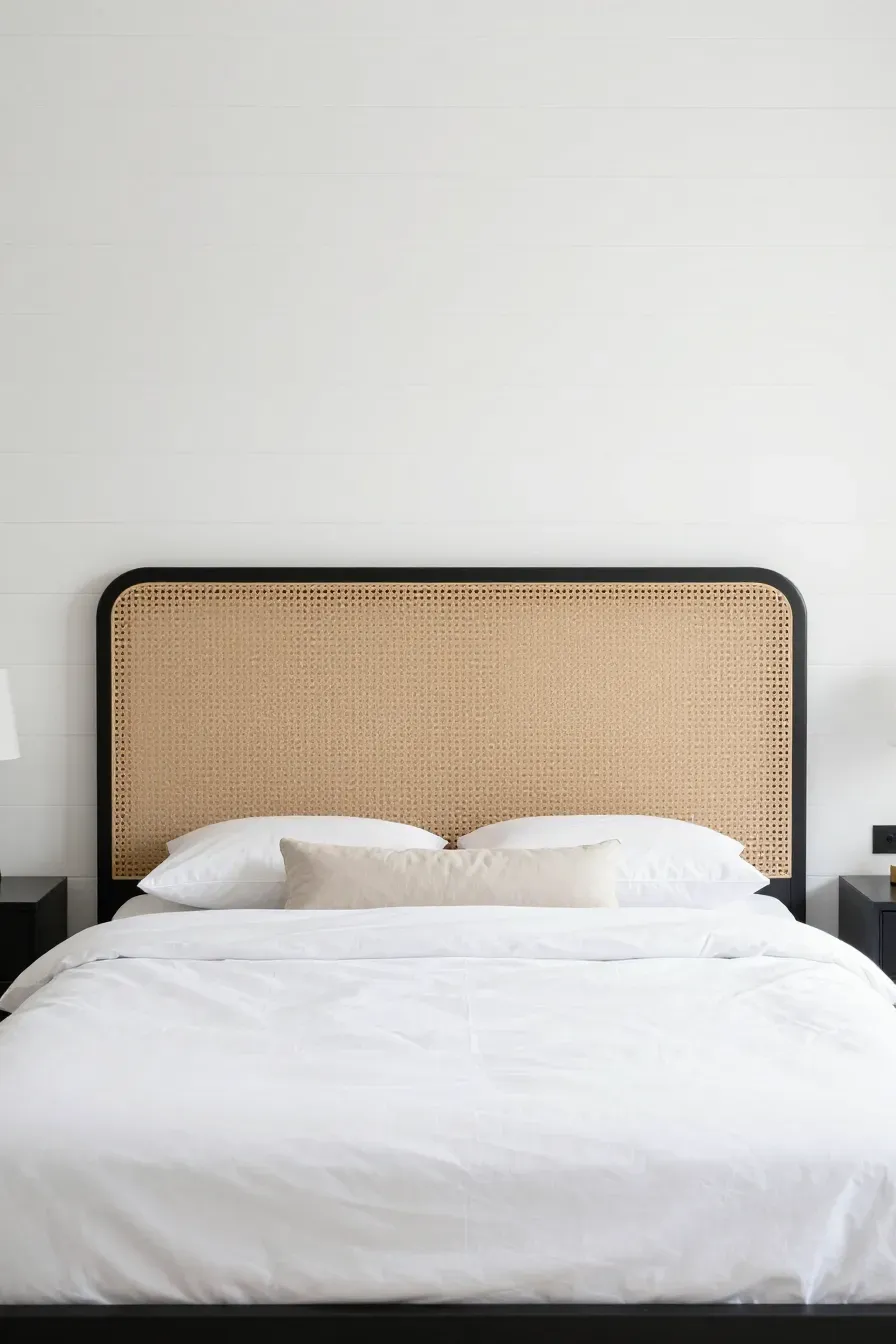 A black-framed cane headboard perfectly leveled and wall-mounted above a bed in a modern room.