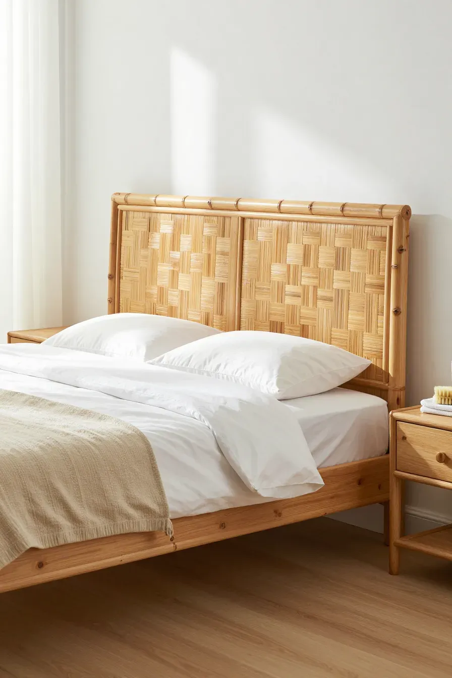 A sunlit bedroom featuring a detailed natural bamboo headboard with white linens and cleaning cloths.