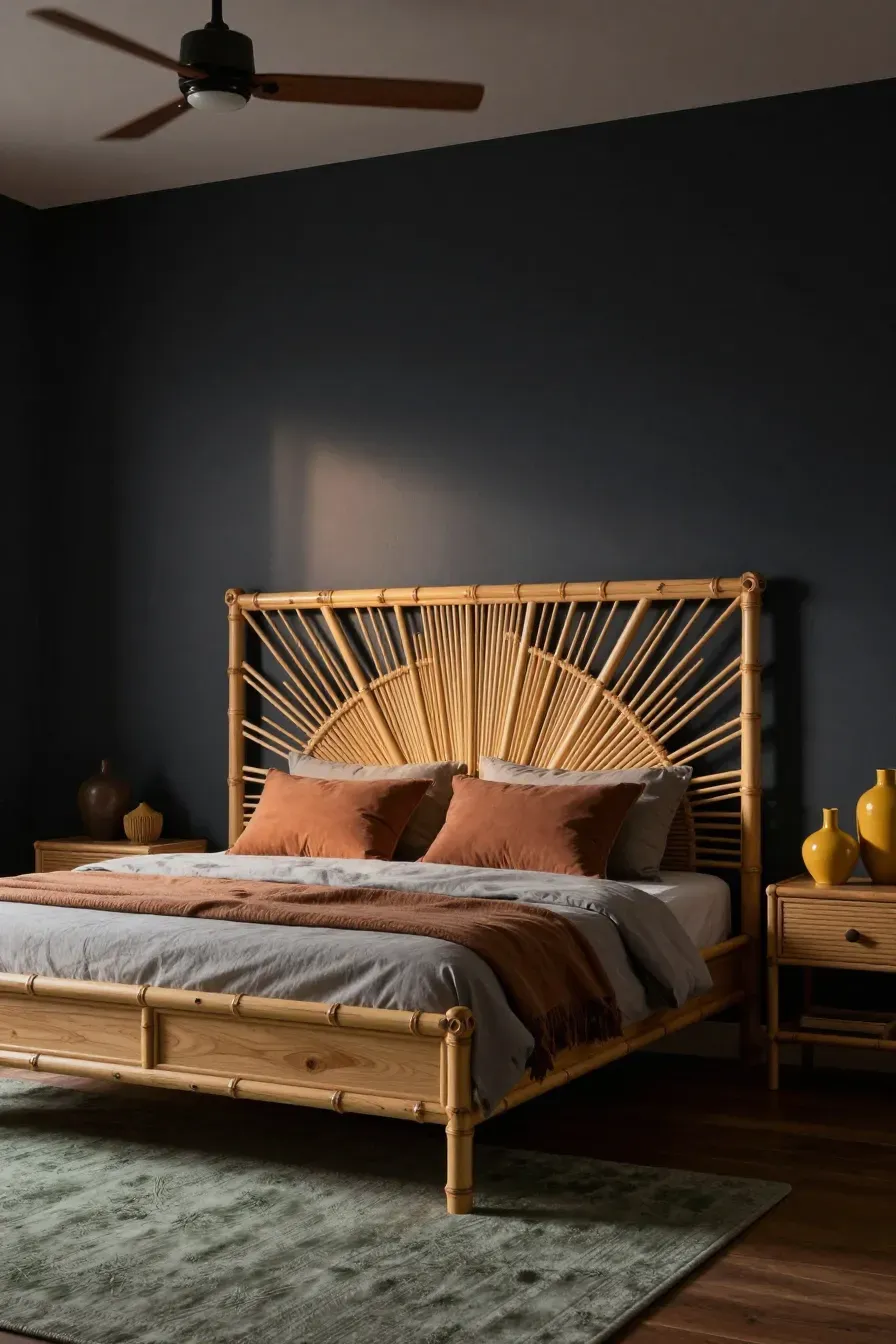 A bamboo headboard against a dark charcoal wall with terracotta and sage green bedroom accents.