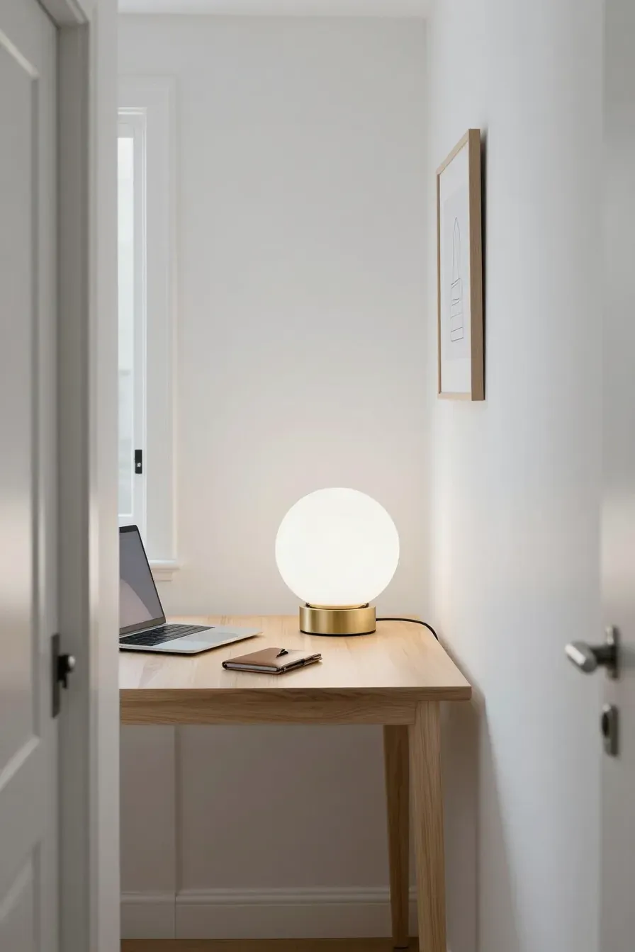 A modern glass globe lamp lighting up a small wooden desk in a bright hallway nook.