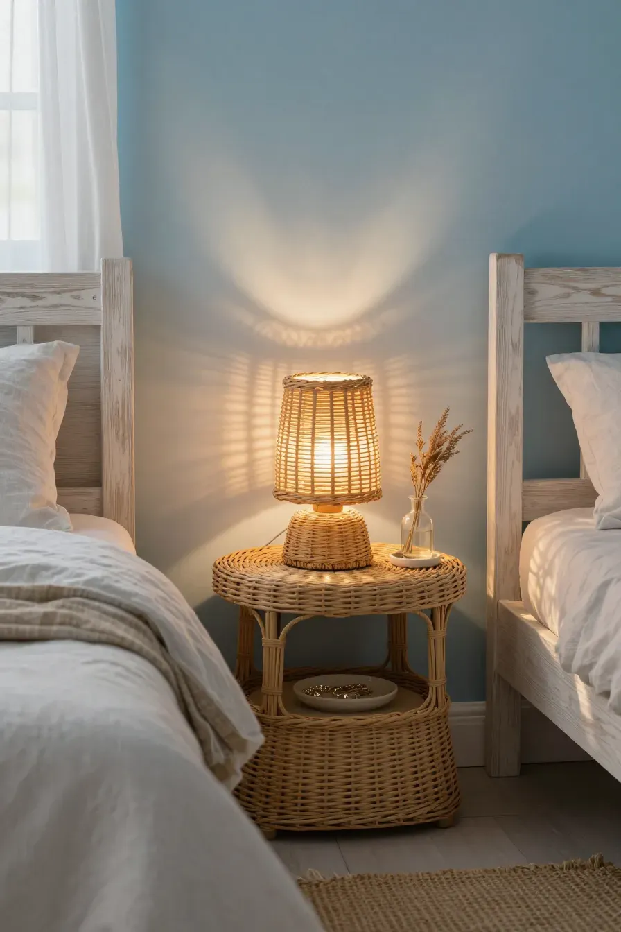 A small woven rattan lamp casting patterns on a blue wall in a coastal bedroom.