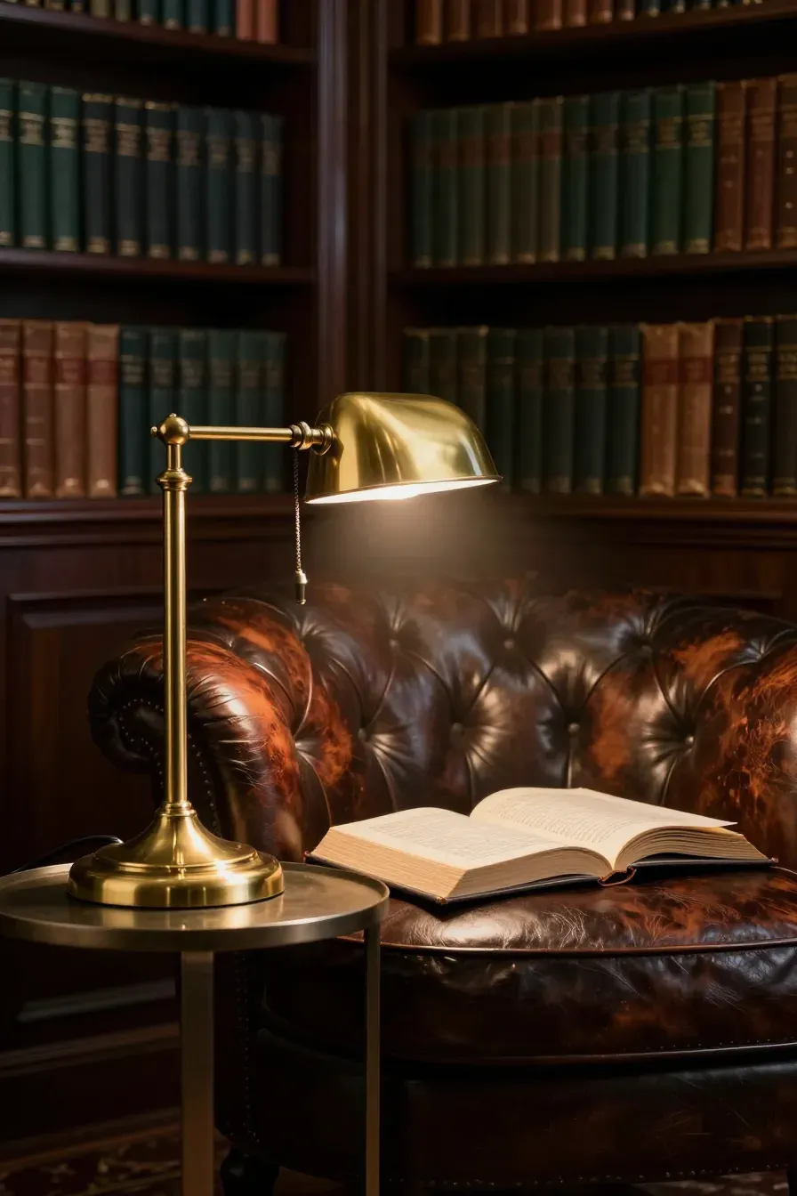 A slim brass pharmacy lamp shining light on a leather chair in a library corner.