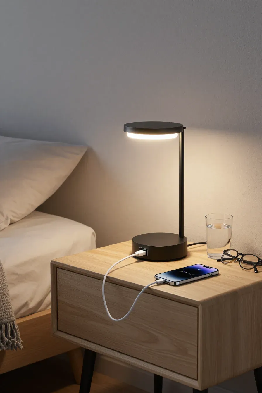 A small black lamp with a phone charging from its base on a modern nightstand.