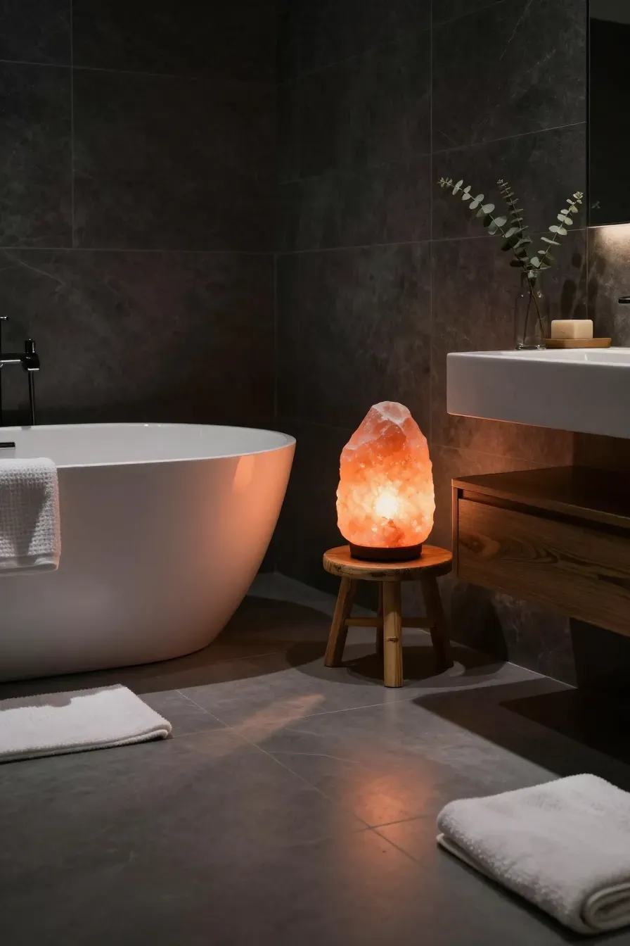 A glowing orange Himalayan salt lamp on a bathroom vanity creating a warm, spa-like atmosphere.
