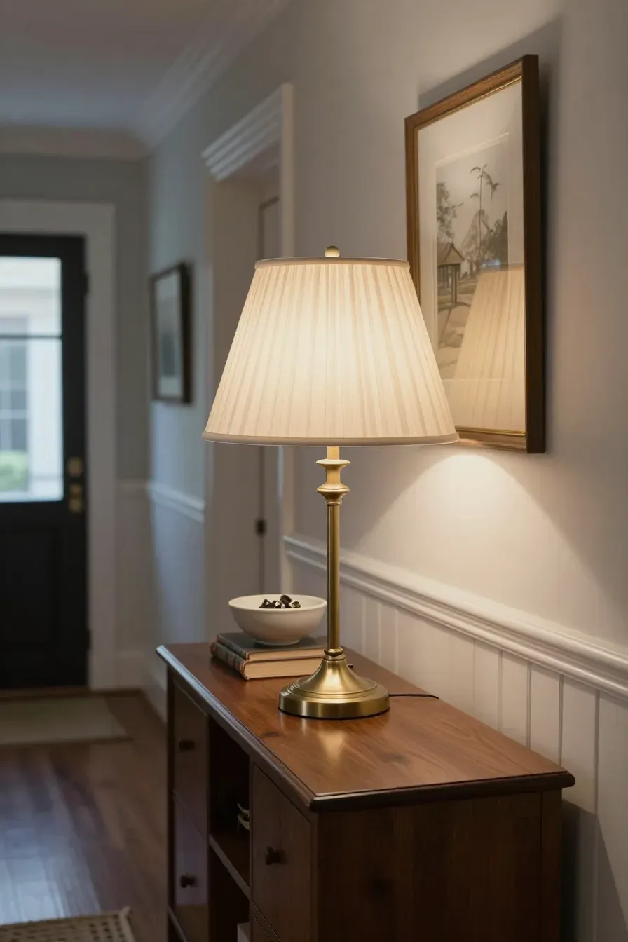 A traditional pleated fabric lamp glowing on a dark wood console table in a bright entryway.