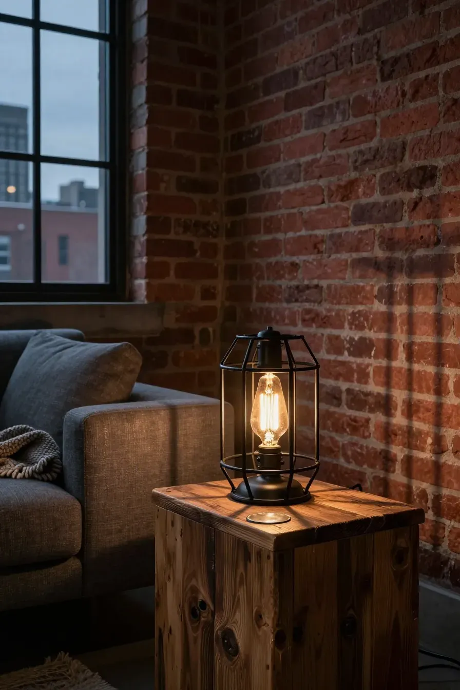 An industrial black metal cage lamp with an Edison bulb on a wooden side table in a loft.