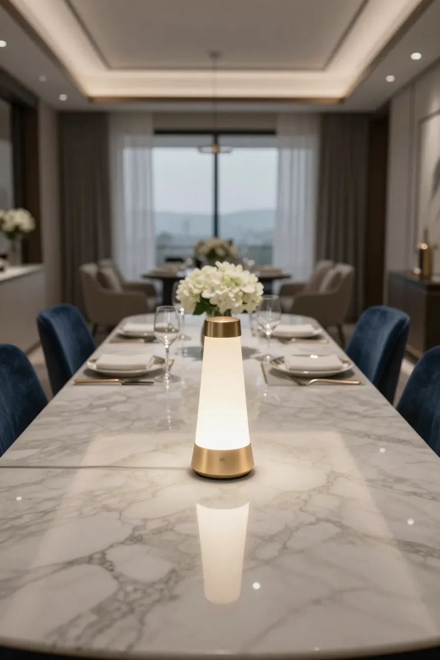 A sleek cordless gold LED lamp as a centerpiece on a modern marble dining table.