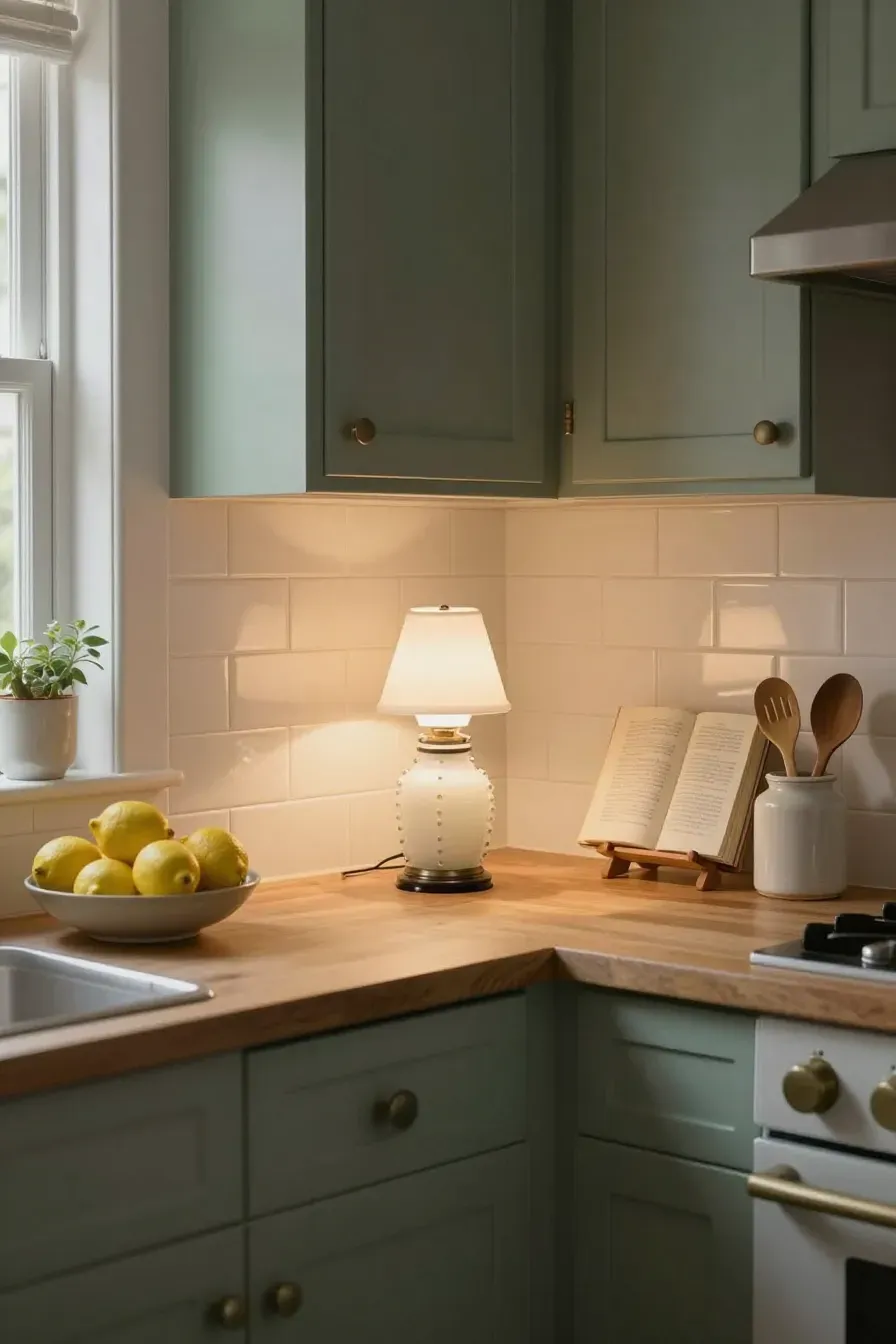 A vintage white milk glass lamp glowing on a wooden kitchen counter next to a cookbook.
