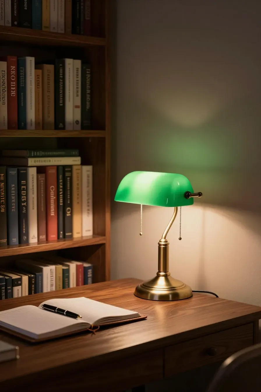 A small banker's lamp with a green glass shade on a wooden desk in a home library.