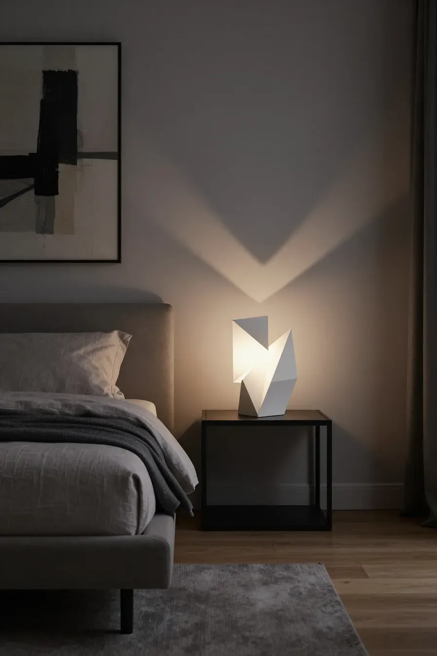 A modern white geometric sculptural lamp glowing on a bedside table in a minimalist bedroom.