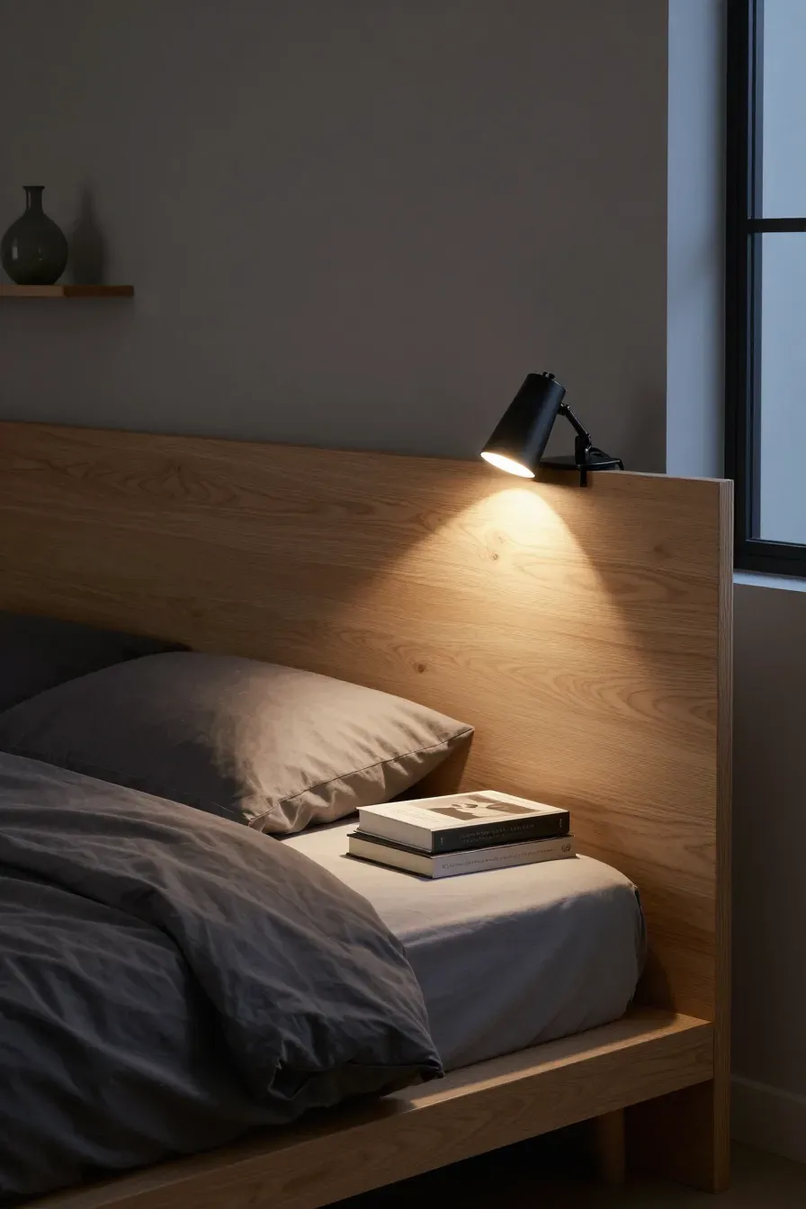 A black clip-on reading lamp attached to a wooden headboard in a modern bedroom with gray bedding.