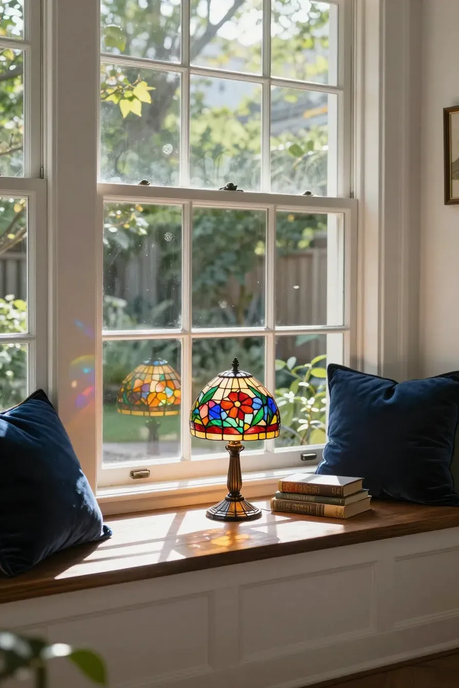 A colorful stained glass lamp on a white window sill casting vibrant light into a bright room.