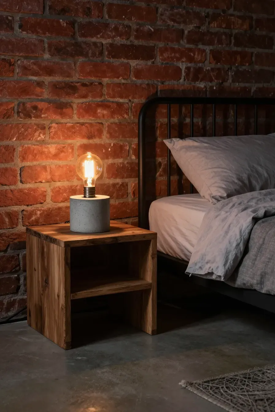 An industrial concrete lamp with an Edison bulb on a wooden nightstand against a brick wall.