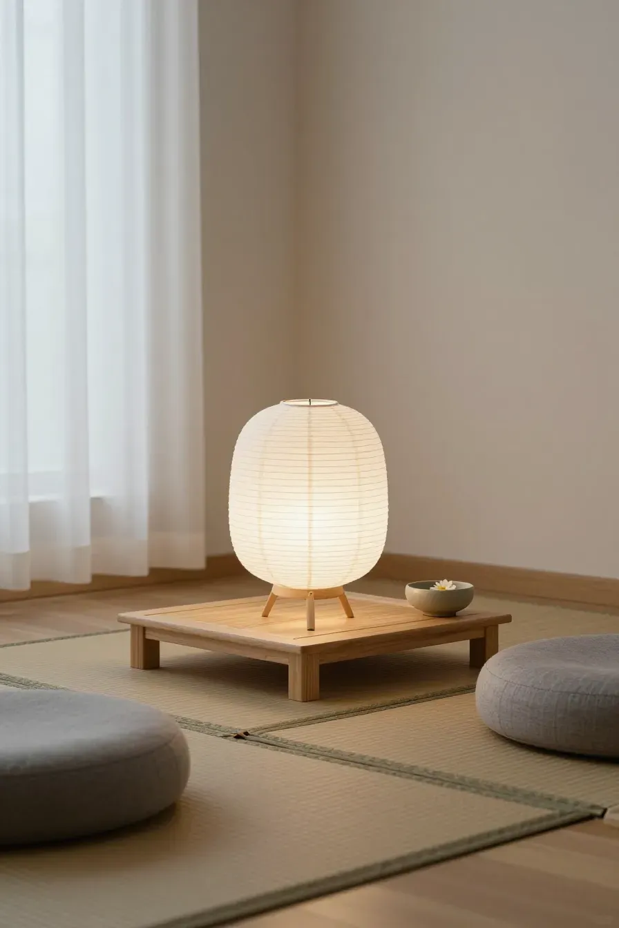 A soft white paper lantern lamp in a minimalist meditation room with bamboo floors.