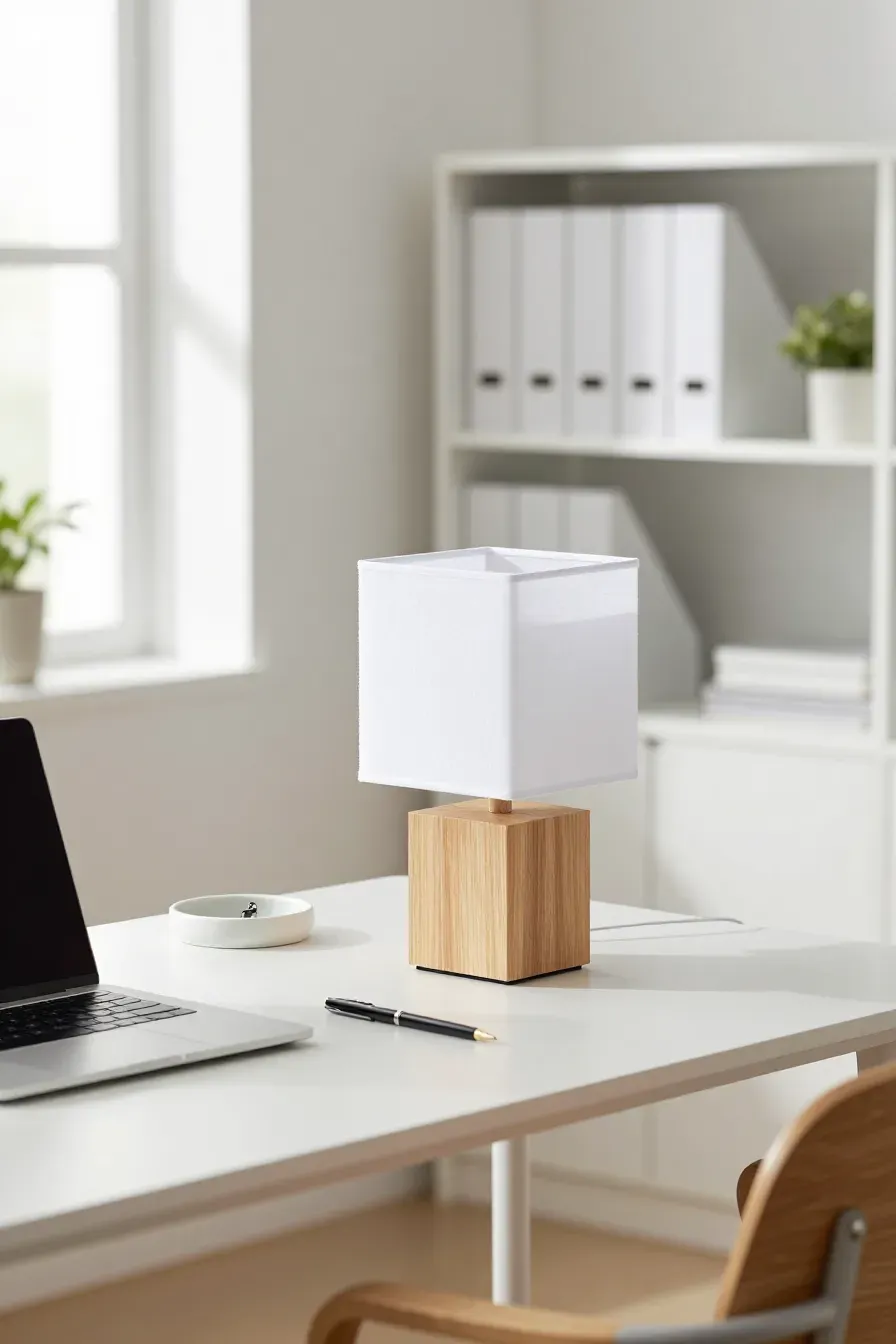 A minimalist wooden block lamp on a white desk in a bright, modern home office.