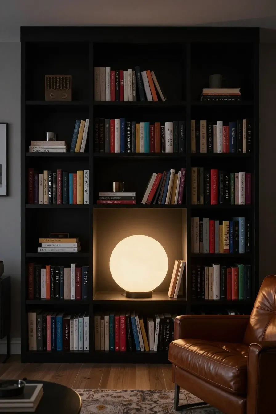 A glowing frosted globe lamp tucked into a bookshelf, lighting up rows of books.