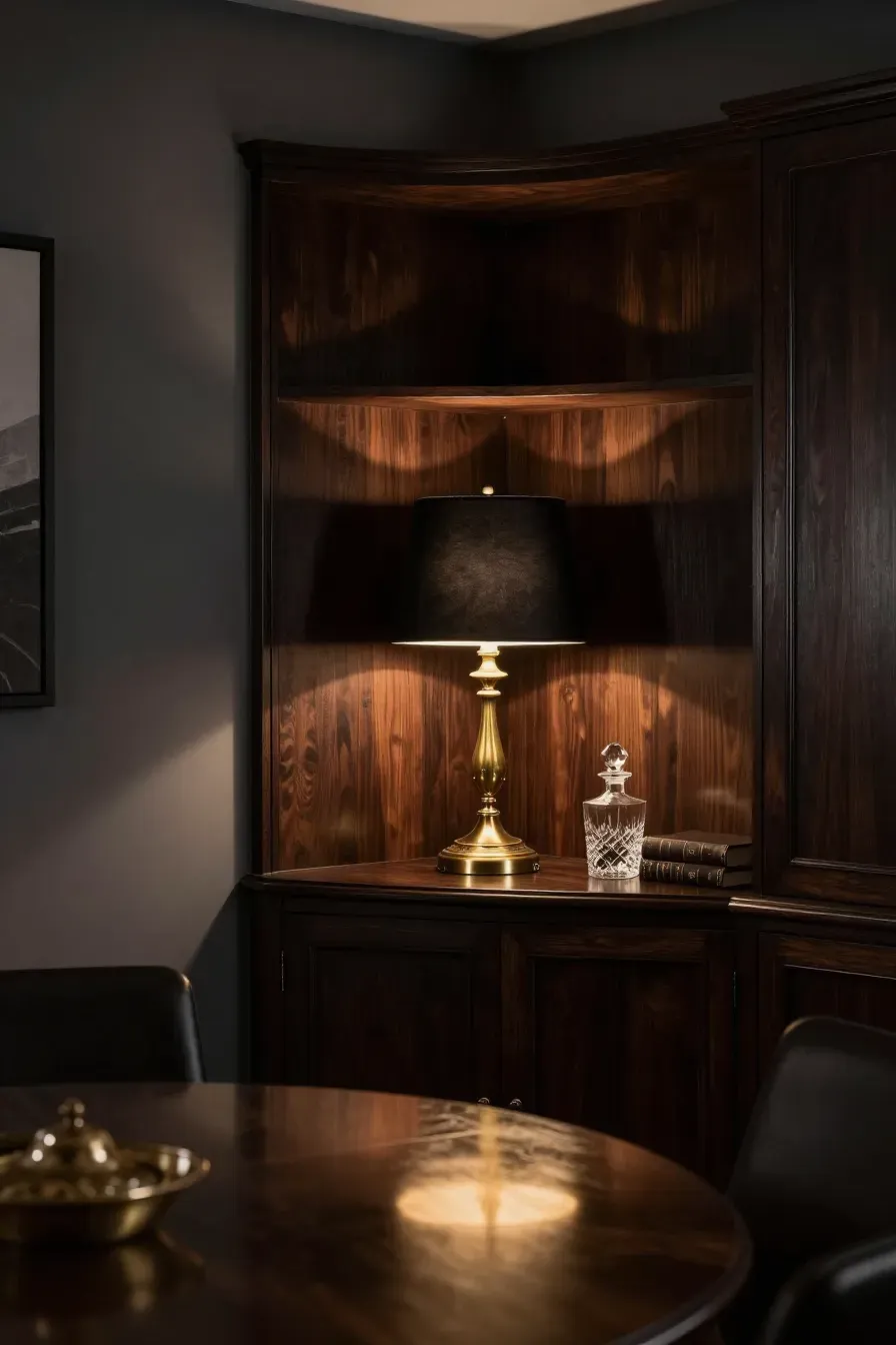An antique gold lamp with a black shade lighting up a dark wood corner cabinet in a moody room.
