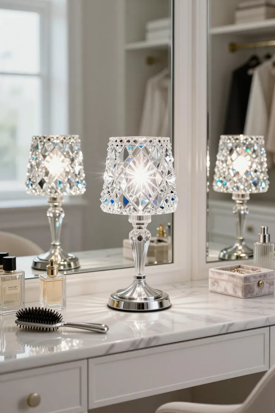 A sparkling crystal lamp on a marble vanity table surrounded by perfume bottles and a mirror.