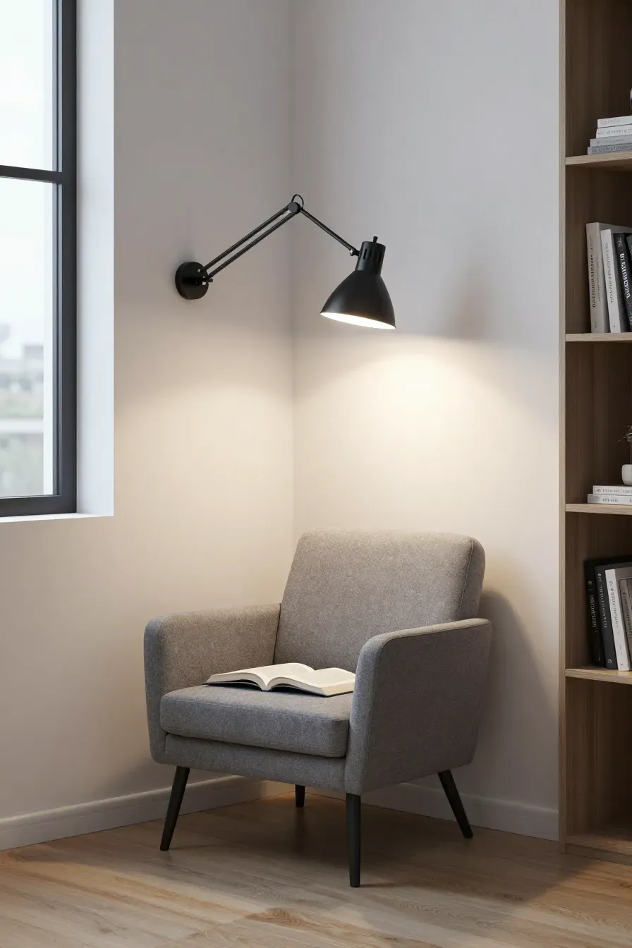A matte black swing arm lamp mounted on a white wall above a grey armchair in a minimalist room.