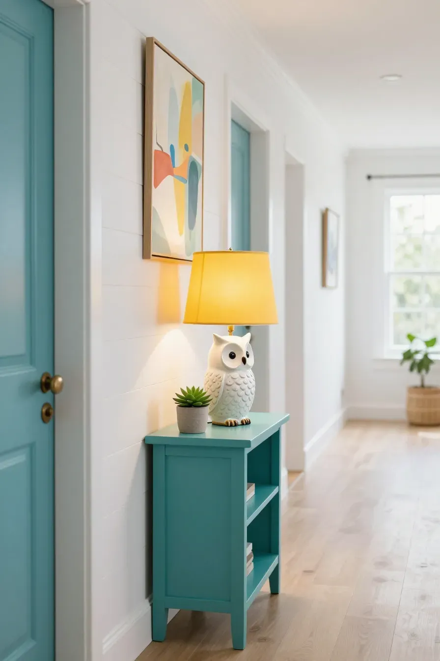 A whimsical white owl-shaped lamp with a yellow shade on a teal console table in a bright hallway.