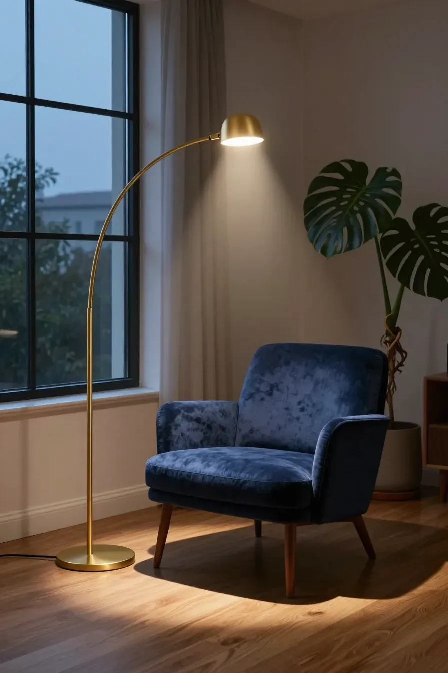 A very thin gold floor lamp tucked behind a navy blue velvet chair in a modern living room.