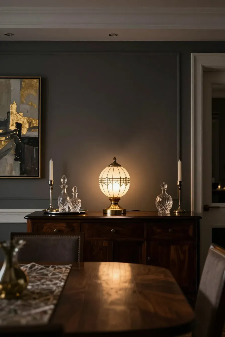 A glowing Art Deco glass lamp sits on a dark wood sideboard in a formal, moody dining room.