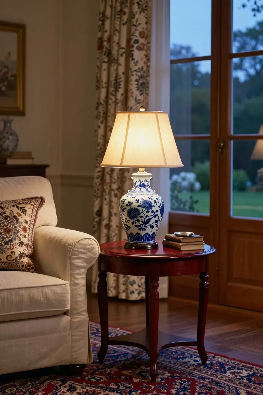 A blue and white porcelain lamp glows on a wooden end table in a traditional, cozy living room.
