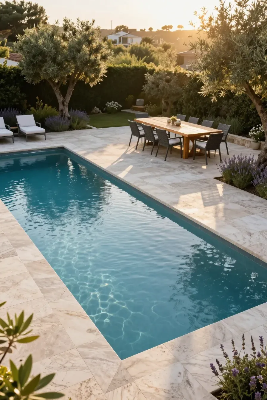 A wide-angle view of a luxury backyard with a pool separated from an elevated stone dining patio.