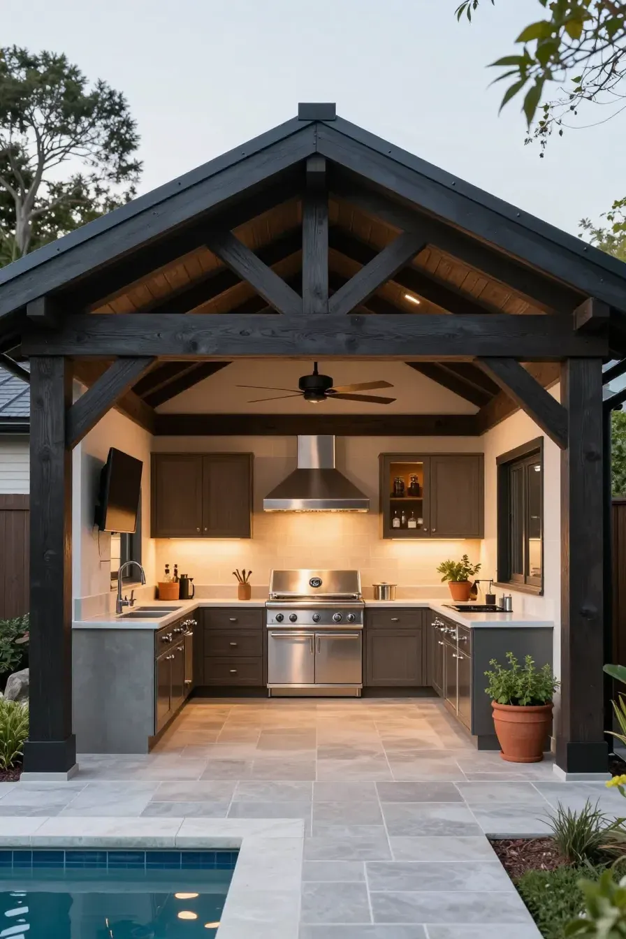 A modern timber pavilion housing a full outdoor kitchen with stainless steel appliances.