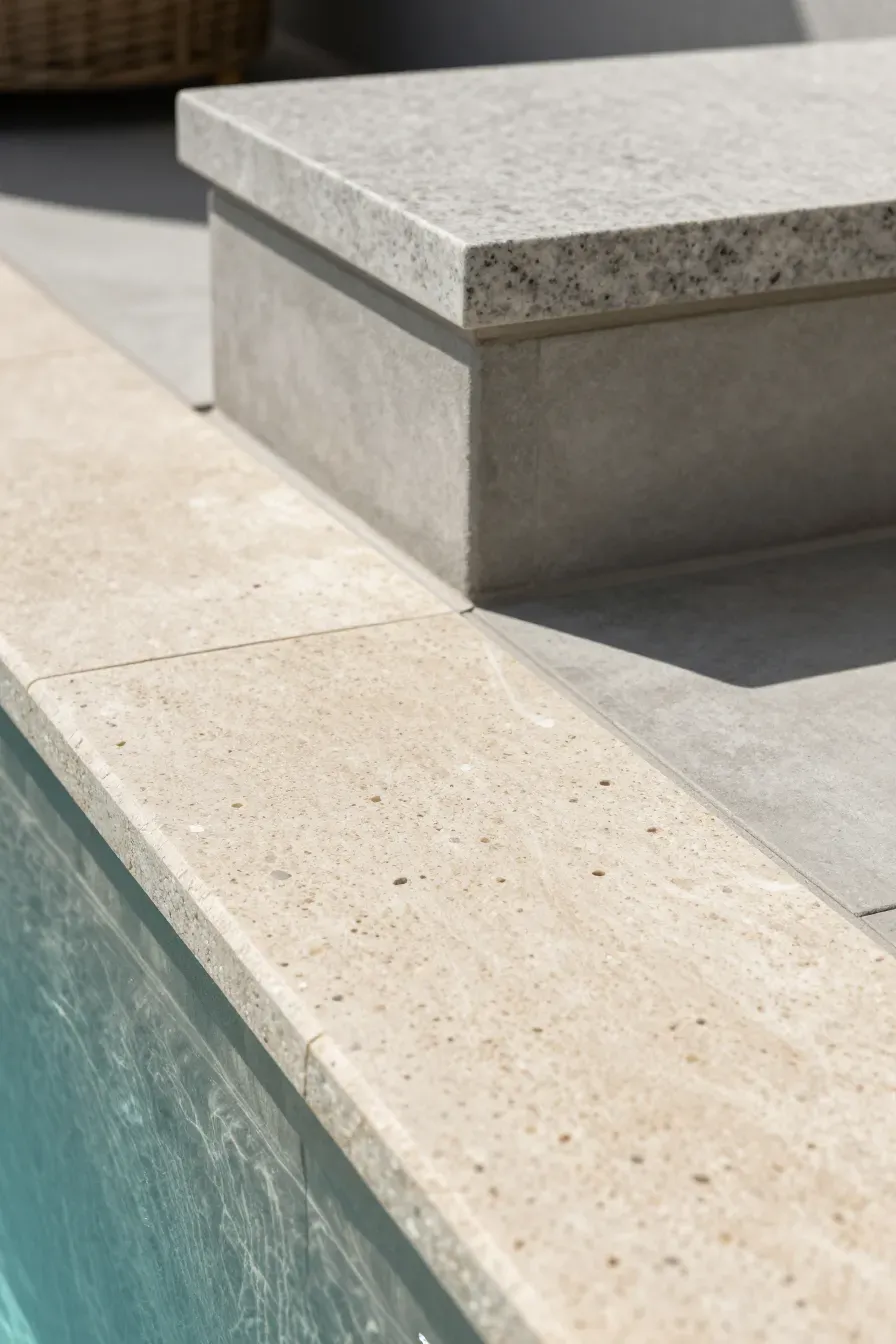 Close-up of tumbled travertine pool coping next to a polished granite outdoor countertop.
