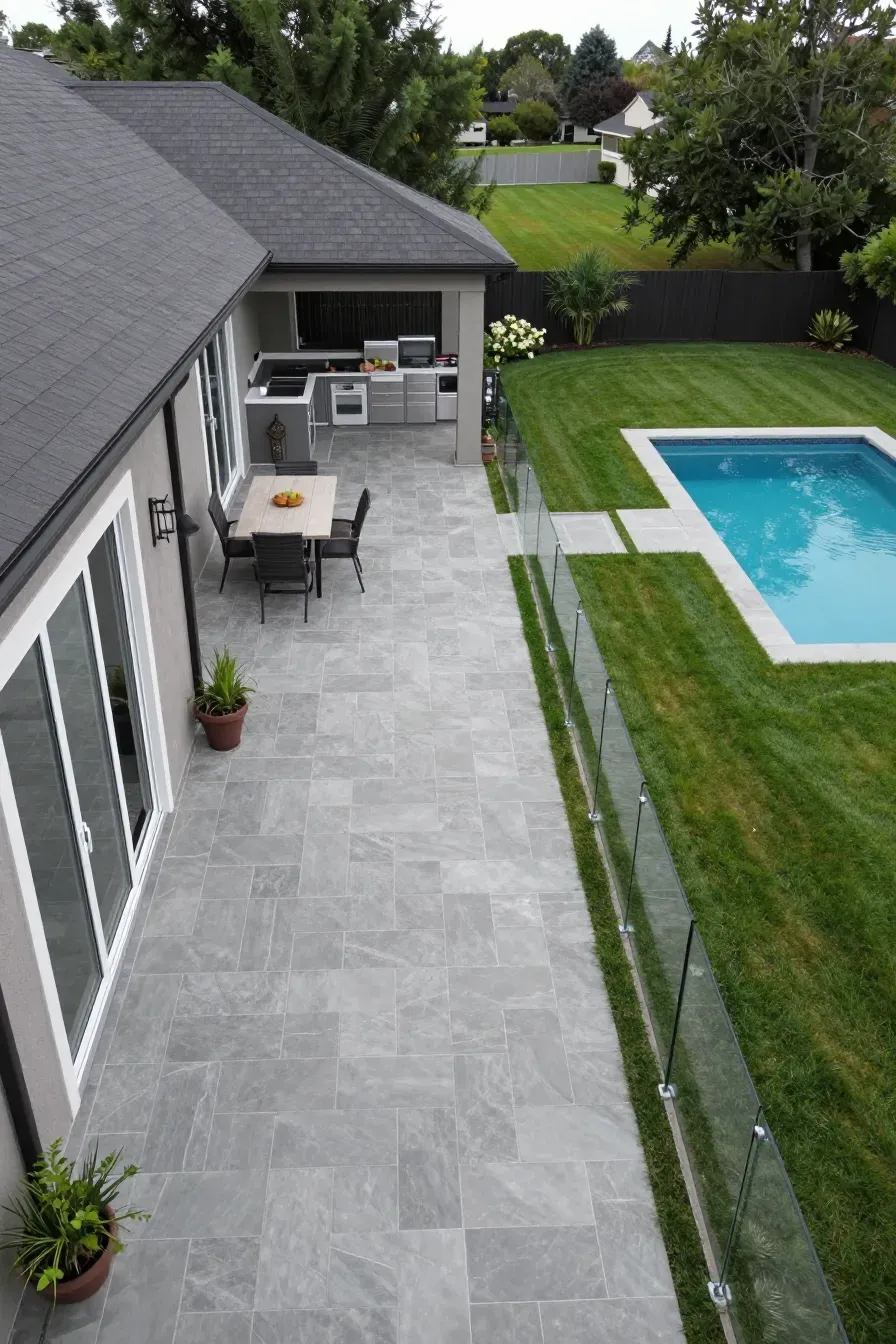 A high-angle view of a backyard showing wide paths between the house, kitchen, and pool.