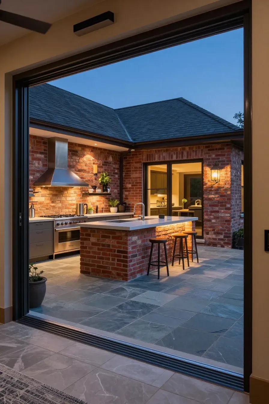 A view from an indoor kitchen looking out to a matching outdoor kitchen on a covered patio.
