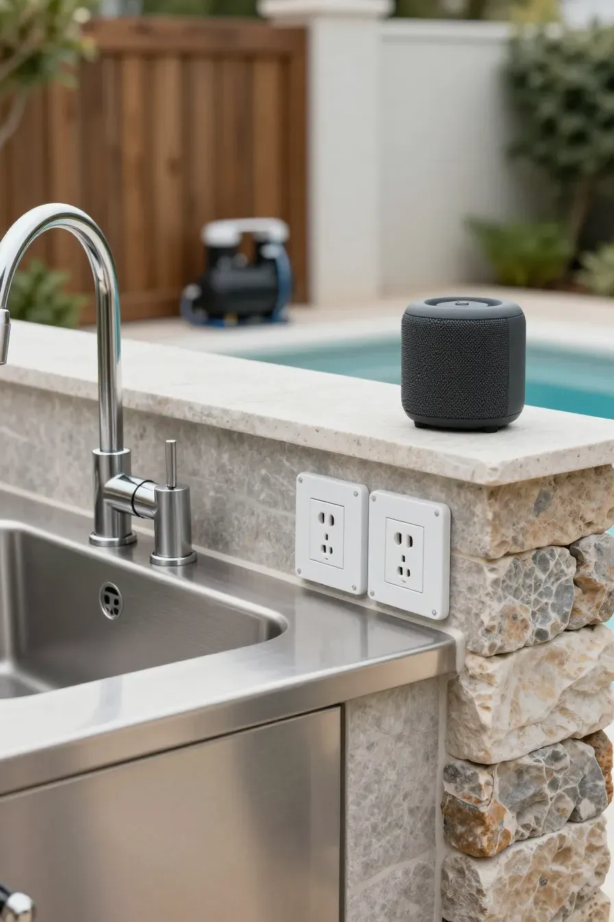 Close-up of a stainless steel outdoor sink and weather-proof electrical outlets on a stone island.