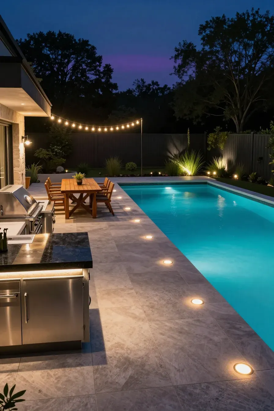 A luxurious backyard at night featuring a lit outdoor kitchen, dining area with string lights, and a glowing pool.