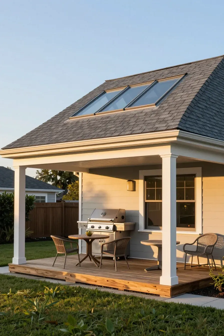 A small covered back porch with a shingle roof, skylights, and a stainless steel grill.